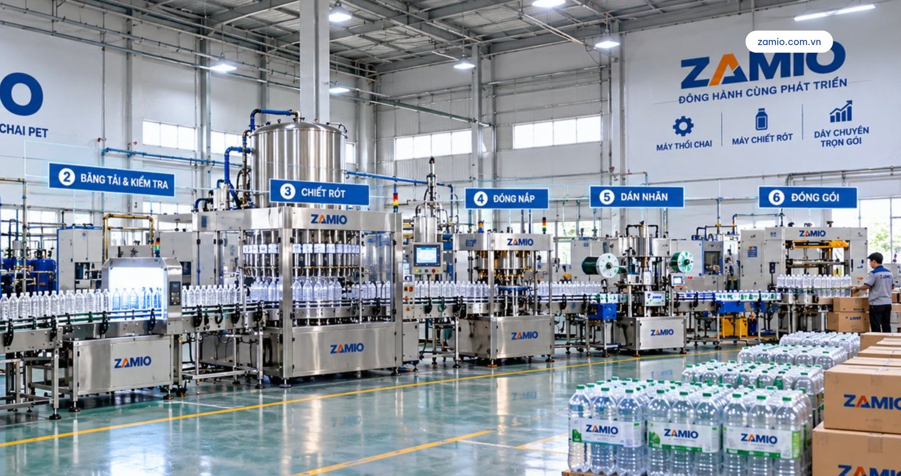 Dây chuyền thổi chai, chiết rót và đóng gói Zamio